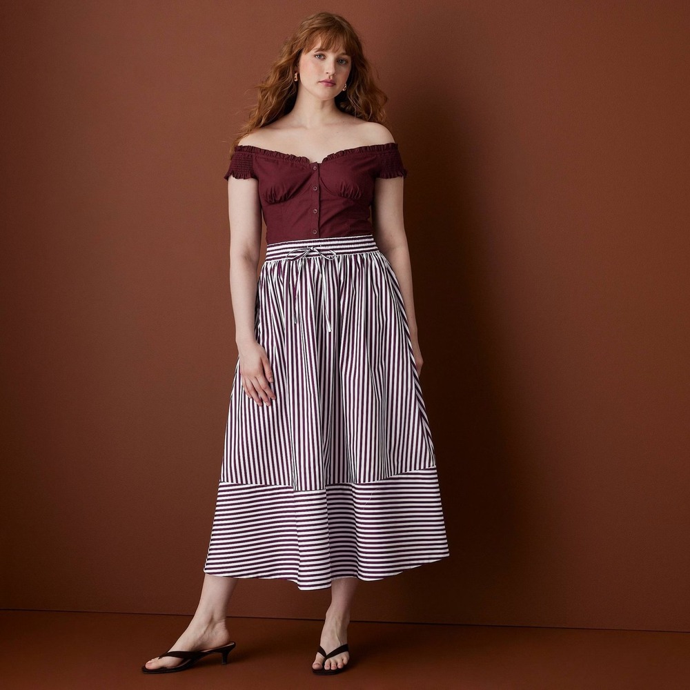 Rosie Assoulin Target XXL X-Large Drawstring Poplin Striped Full Midi Skirt Red